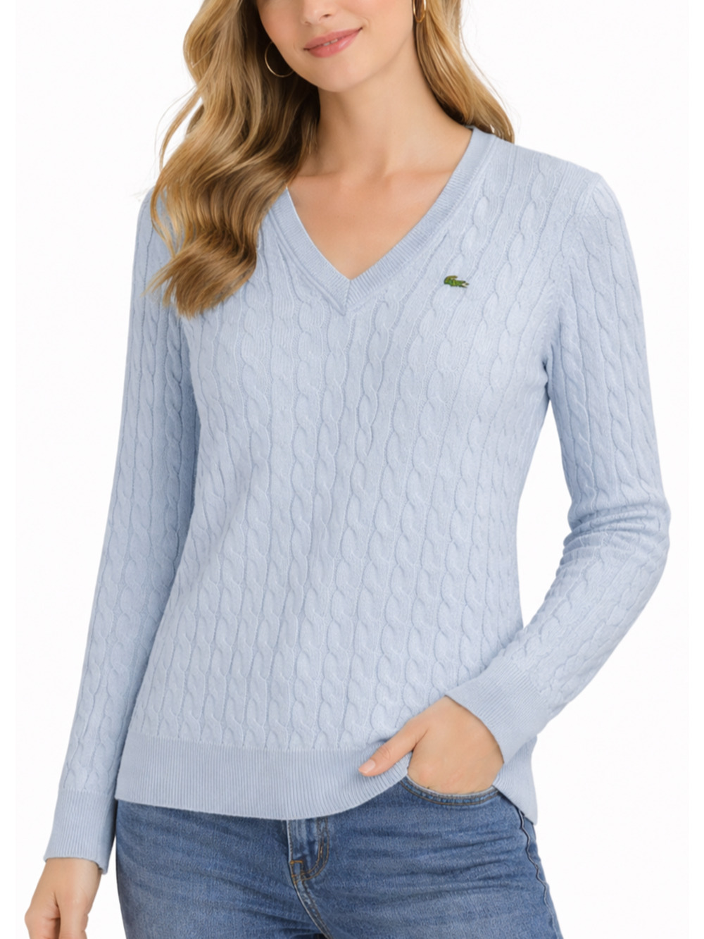 Lacoste Blue Cable Knit Sweater Womens 8-10 EU 40 V Neck Peruvian Cotton Resort